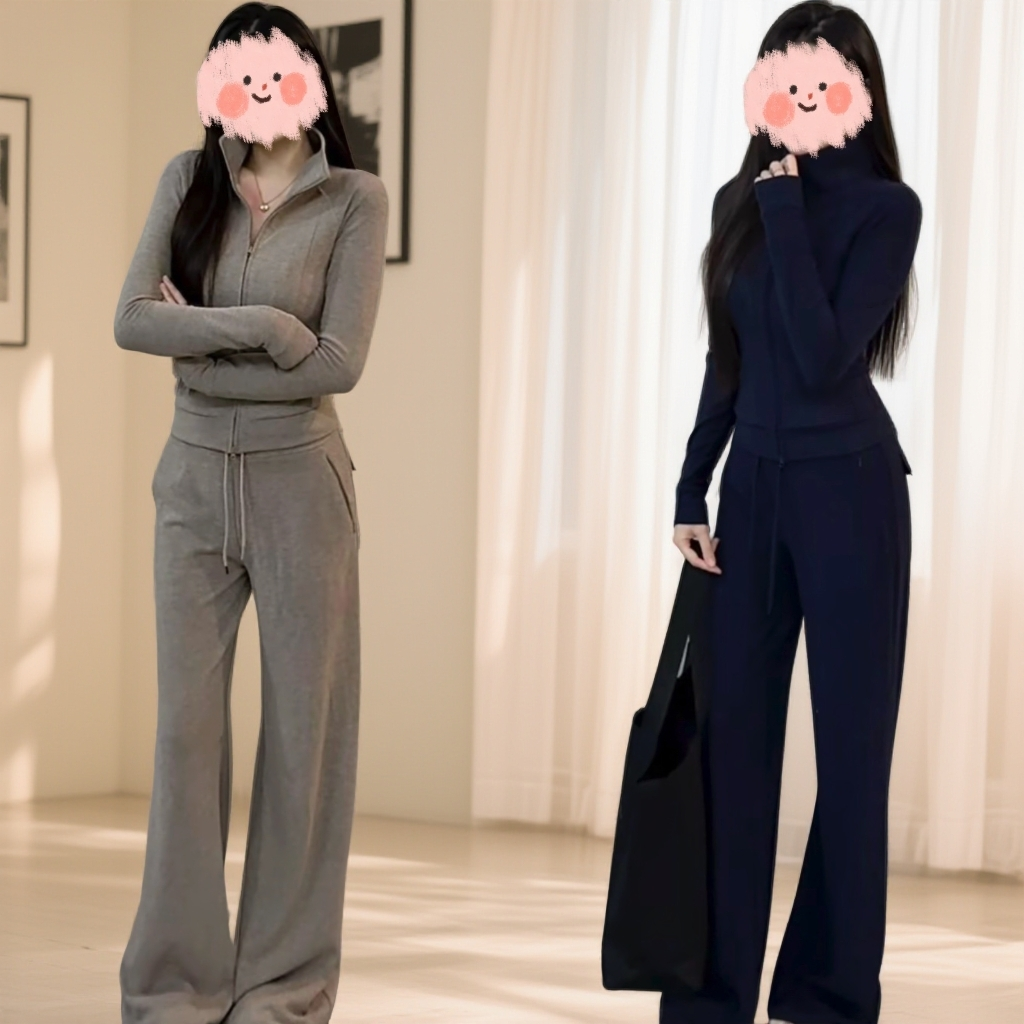 【现货】秋冬女士时尚新款百搭显瘦上衣气质修身抽绳阔腿裤两件套女