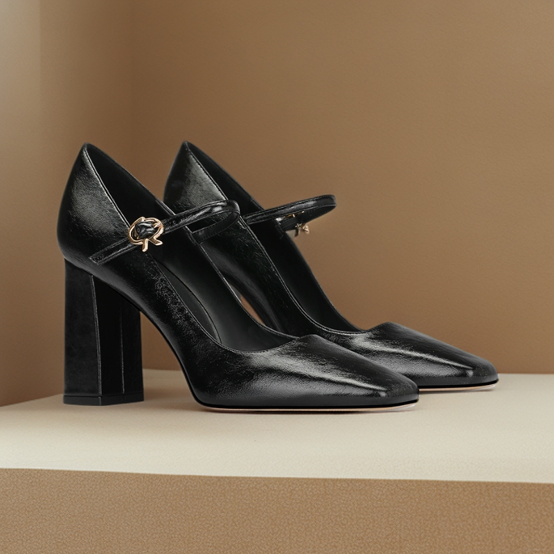 黑色粗跟高跟鞋女2025爆款洋气时髦流行职业方头玛丽珍鞋不累脚