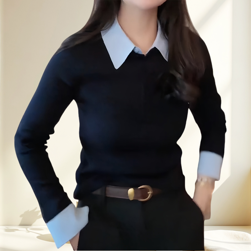 藏青色polo领长袖针织衫毛衣女2025秋冬新款修身显瘦时髦小众上衣