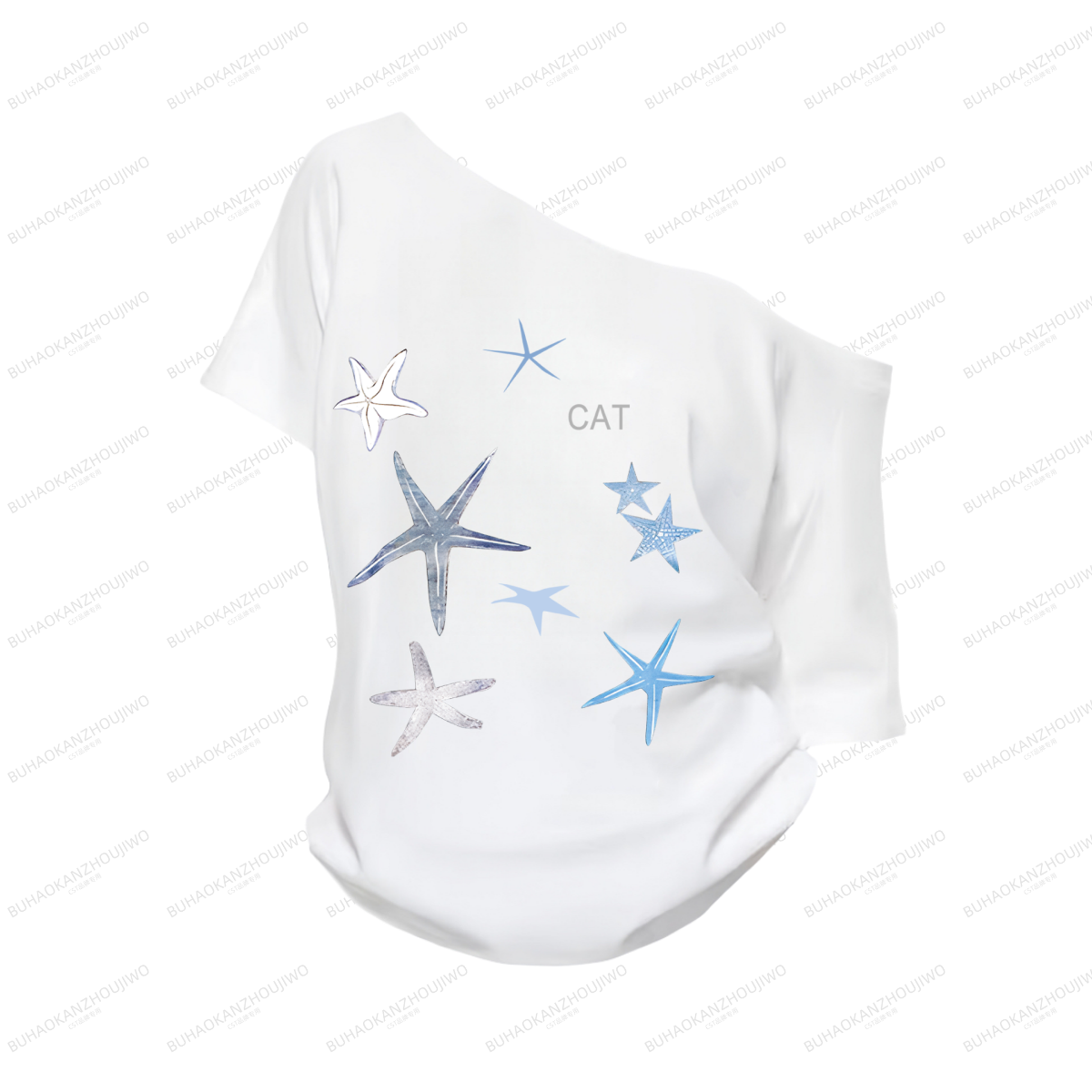 白色海星印花斜肩短袖t恤女秋季新款设计感宽松显瘦百搭露肩上衣