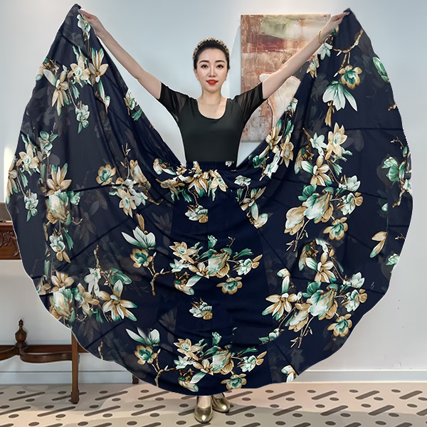 A《玉兰清芸》混纺纱满铺印花全松紧腰大摆半身裙带衬裙