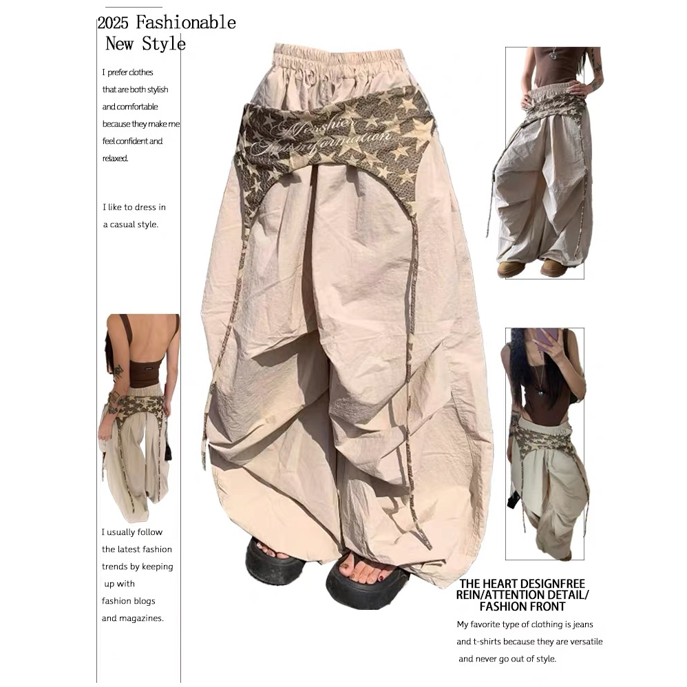 美式复古腰封屁帘伞兵工装裤女夏季新款设计感褶皱阔腿裤弯刀裤子