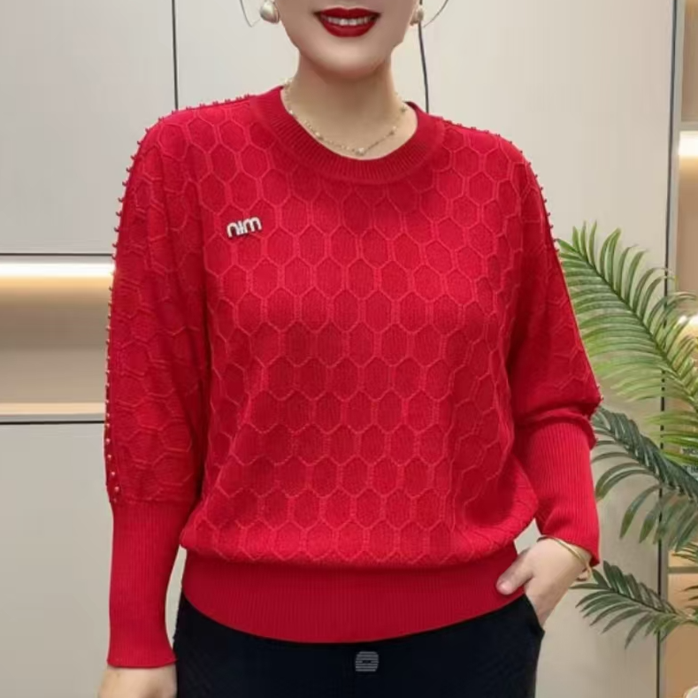 中年妈妈宽松针织衫2025春季新款时尚休闲风拼接珍珠洋气毛衣