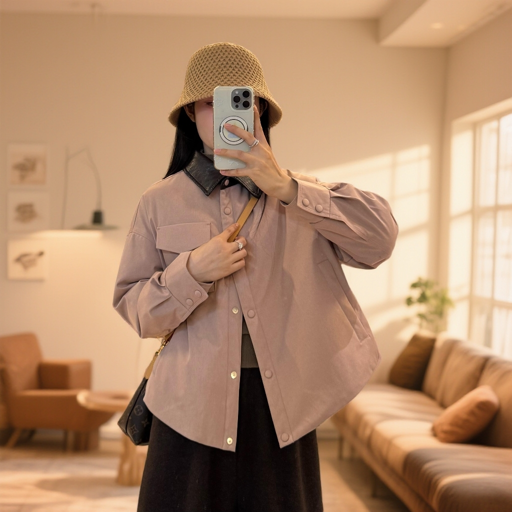 宿慕SUMU鹅绒服外套小雨女装2025新款韩版翻领衬衣式短款外套025