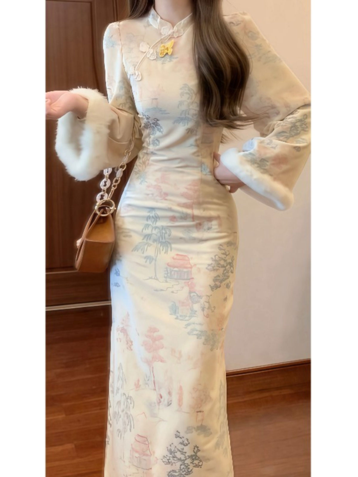 377-3#新中式国风设计感盘扣改良旗袍加绒厚款收腰高级感连衣裙