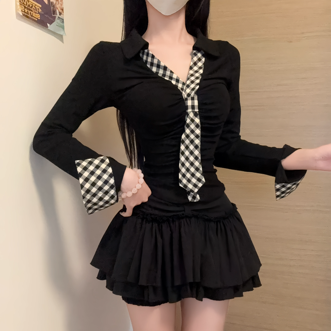 iqcq气球熊辣妹显瘦翻领纯欲风长袖上衣秋季高腰半身a字短裙套装