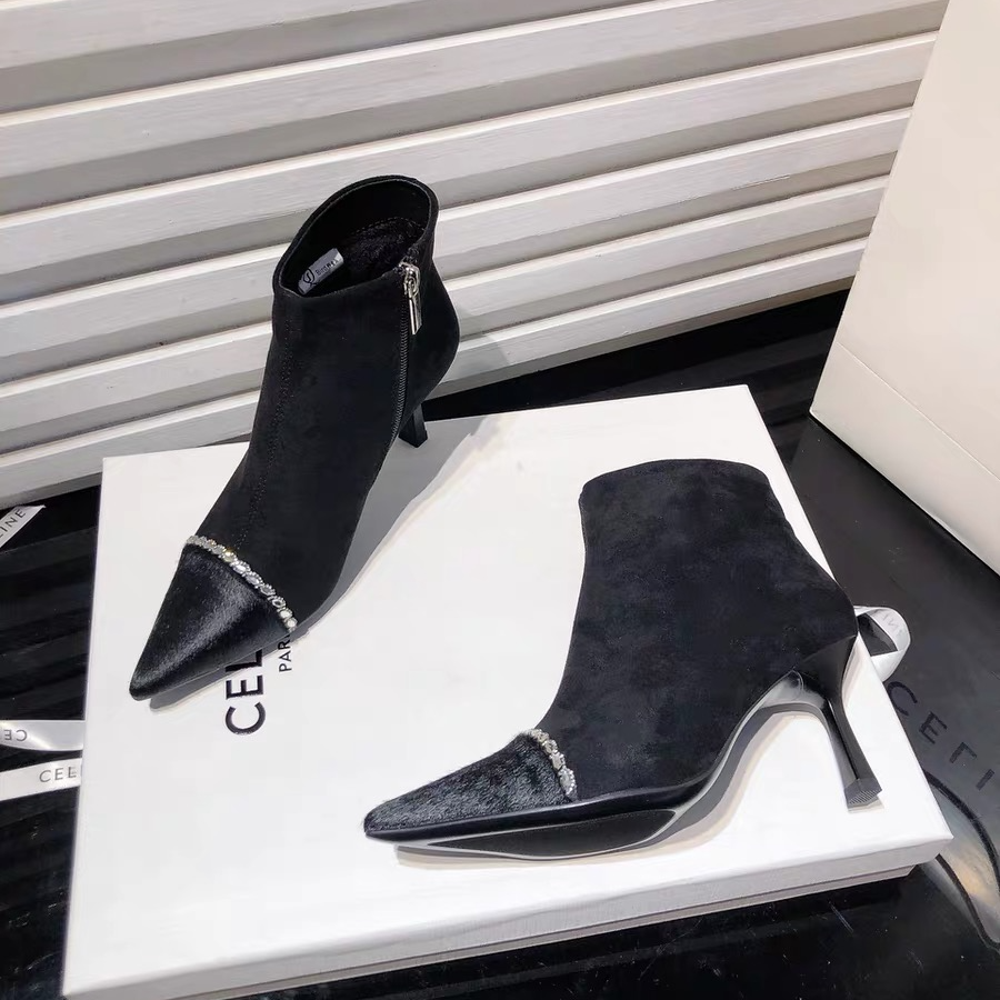 法式高跟及踝靴秋冬性感时尚水钻马毛尖头细跟短筒靴女百搭瘦瘦靴