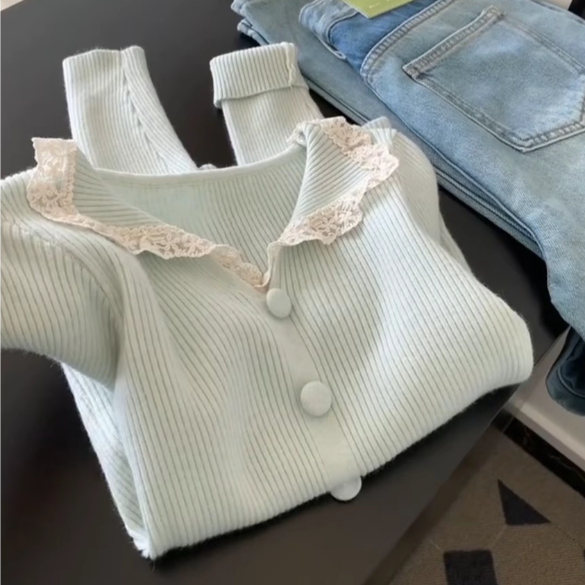 9376大码胖mm温柔风翻领蕾丝边针织衫女秋冬内搭慵懒感打底衫毛衣