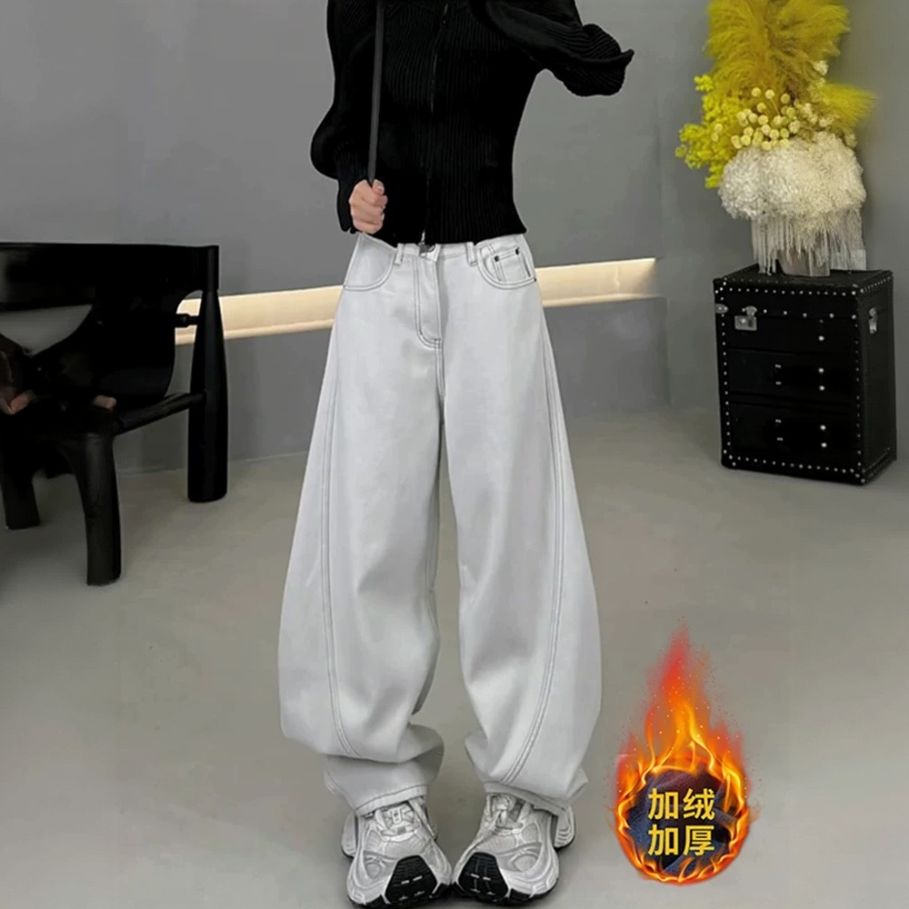 美式复古灰白色加绒加厚阔腿牛仔裤女冬季新款高腰宽松显瘦弯刀裤