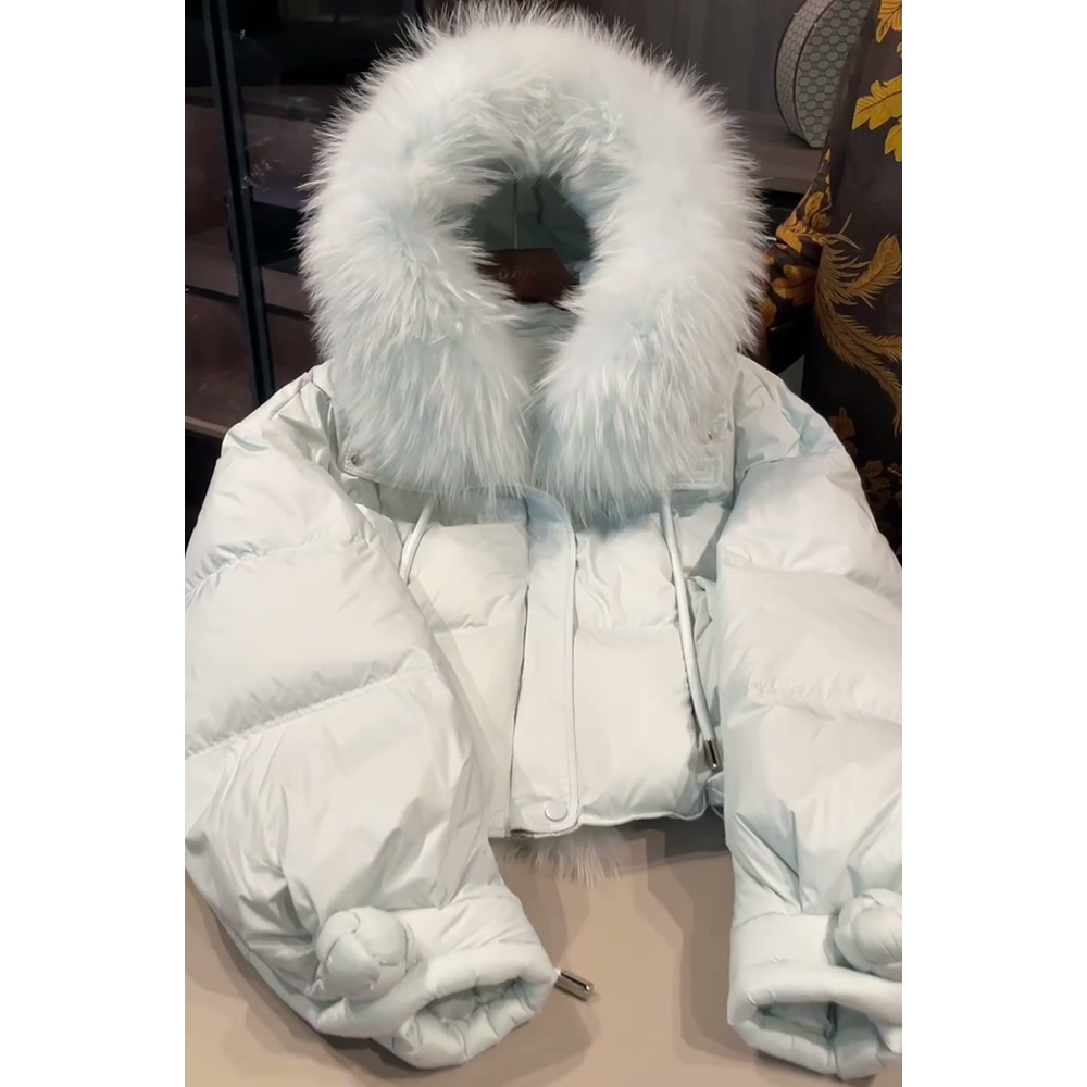 大毛领连帽泡芙棉服女2025年冬季新款短款保暖宽松纯色面包服外套