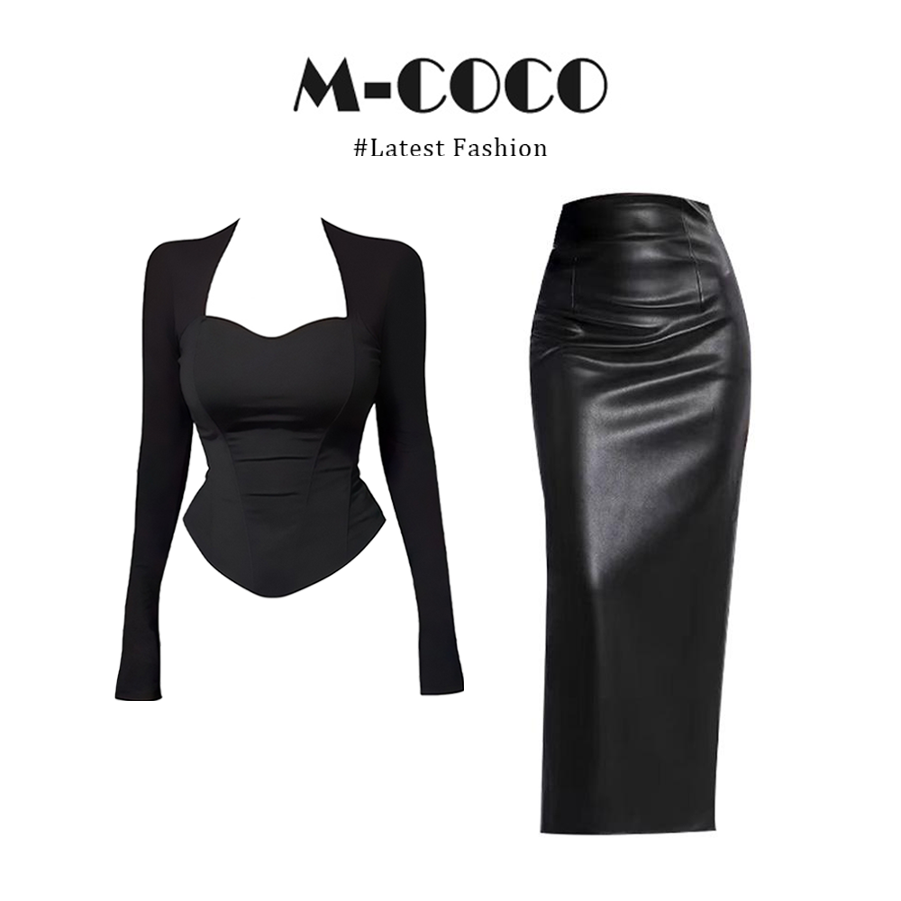 MARIE.COCO韩系辣妹纯欲风方领黑色长袖T恤上衣包臀半身裙套装女