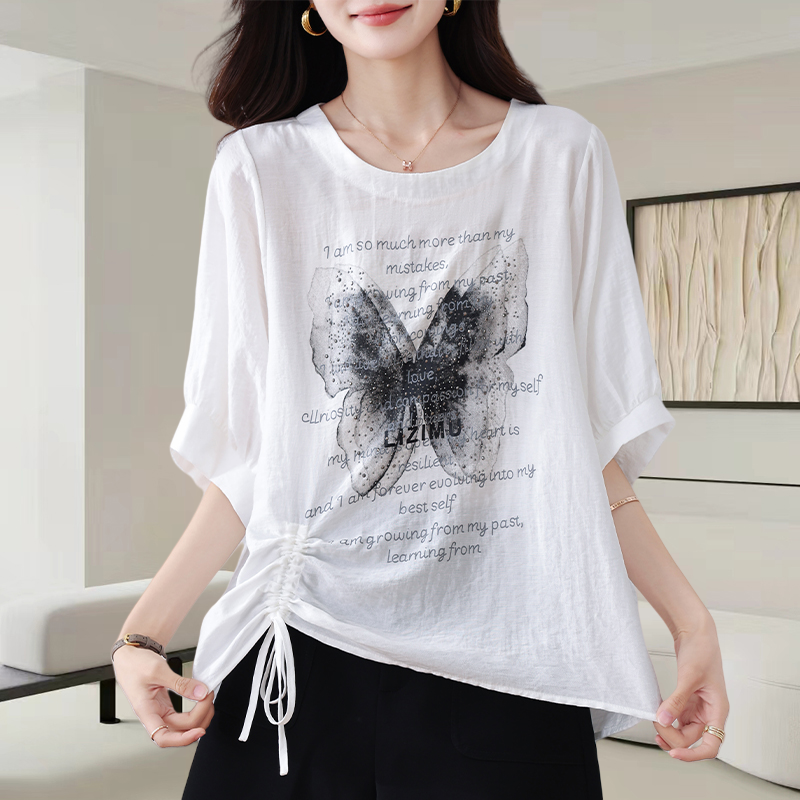 白色字母粘钻蝴蝶短袖t恤女2025夏季新款宽松百搭抽绳设计感上衣