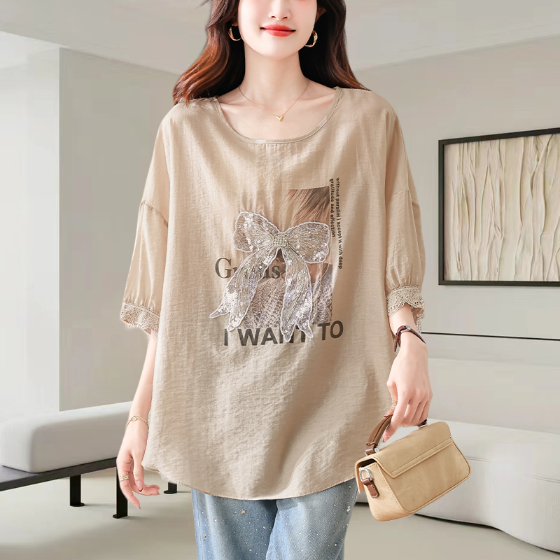 圆领印花蕾丝拼接雪纺衫女2025夏季时尚减龄宽松气质百搭短袖上衣