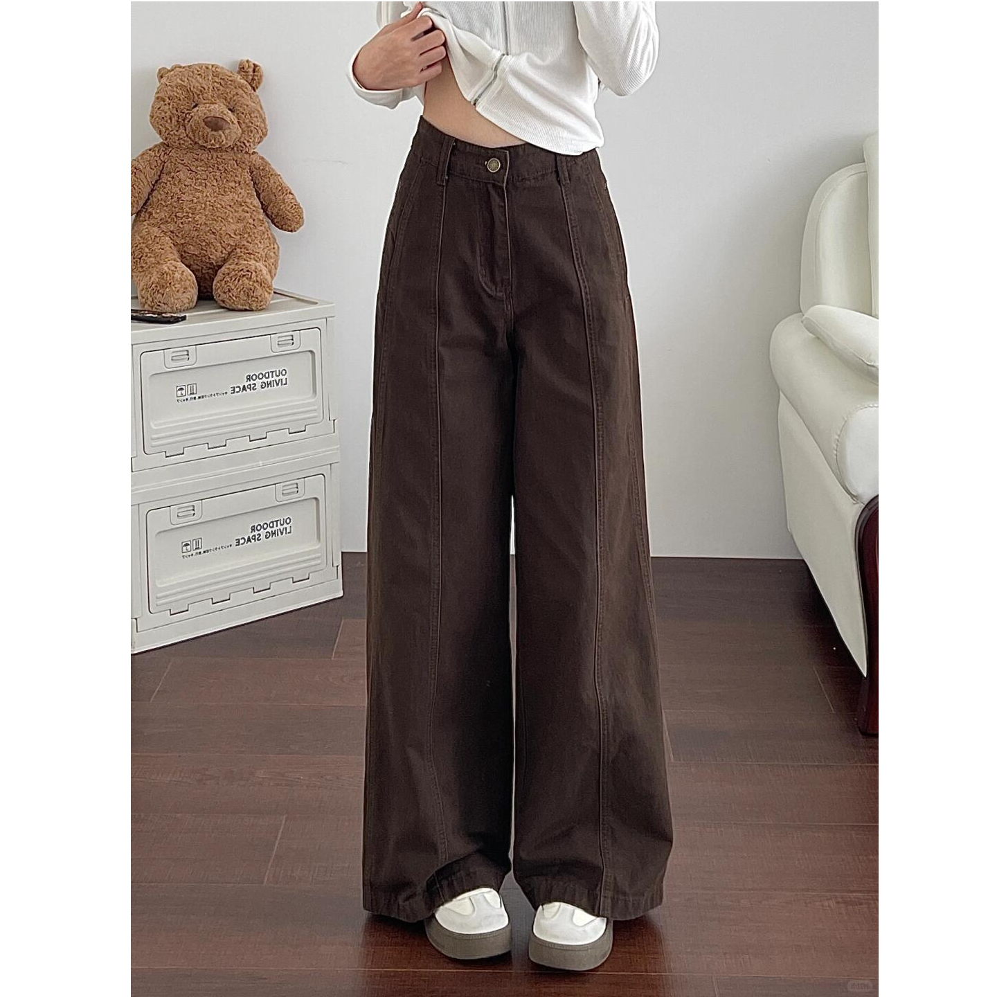 美拉德棕色宽松阔腿裤女秋冬加绒分割拼接设计感拖地牛仔裤子垂感