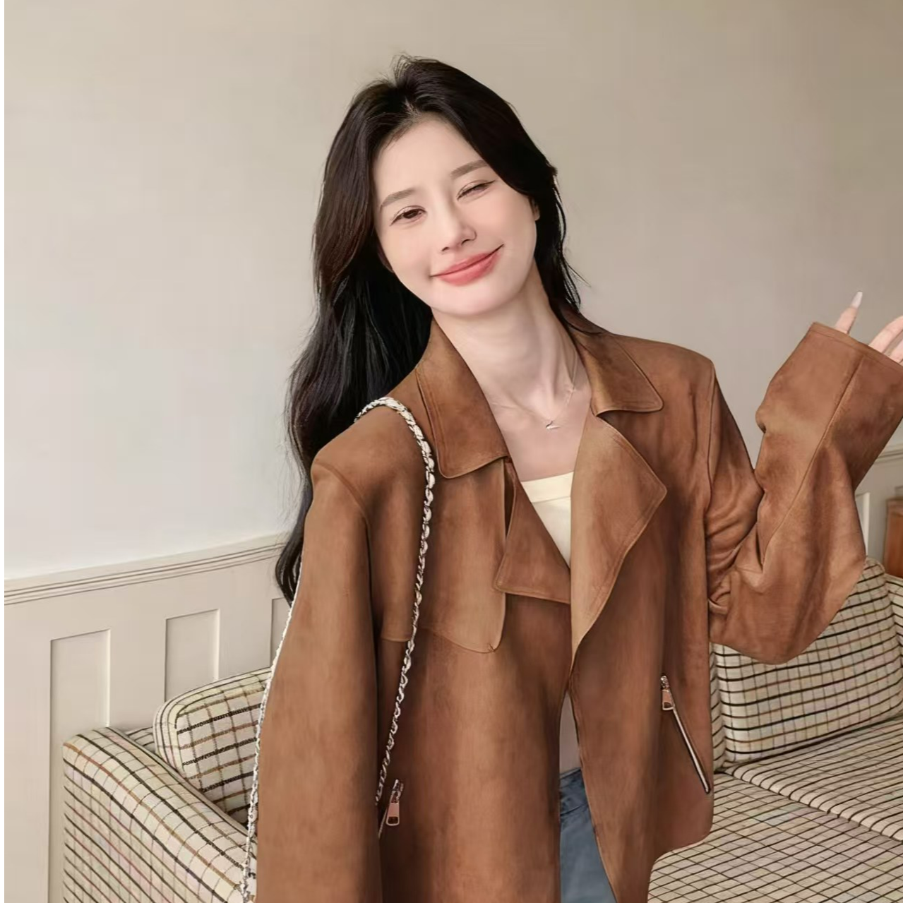 （伍老师身上同款）麂皮绒外套女春秋港风时髦宽松显瘦休闲机车夹克