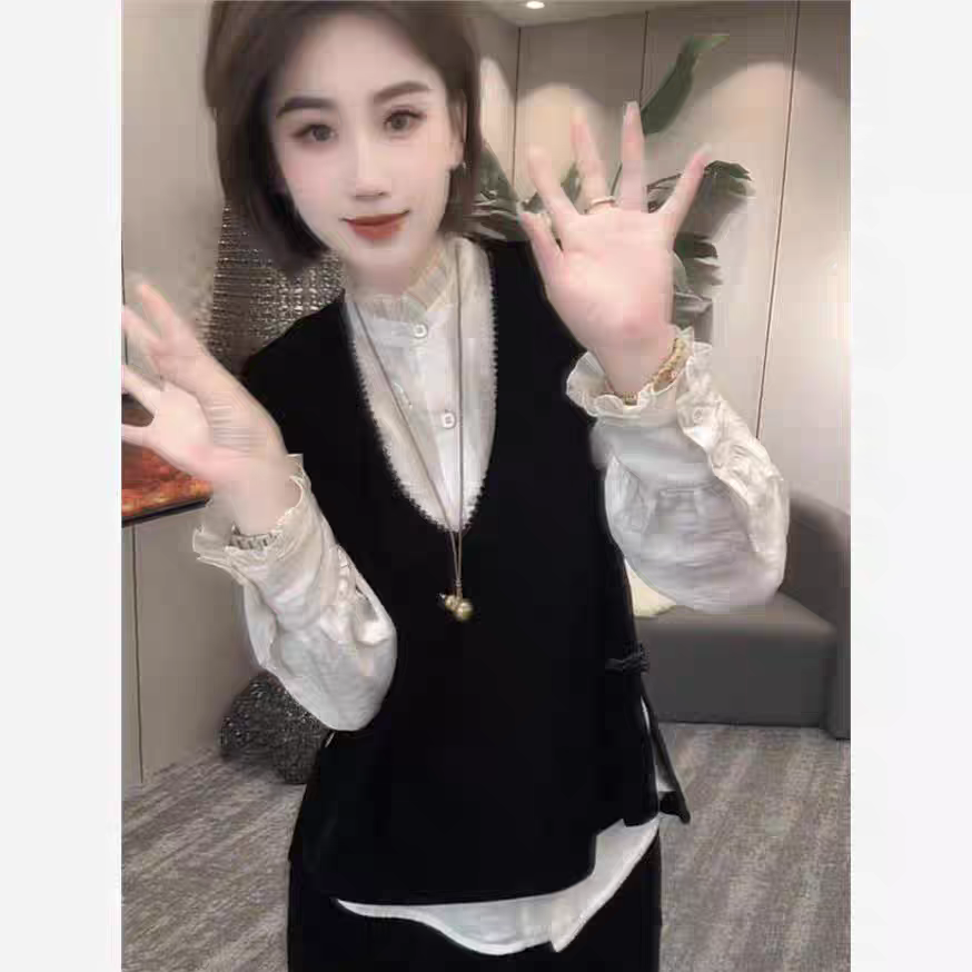 【有运费险】老钱风蕾丝小香风2025秋季新款丝绒显瘦马甲衬衫两件套