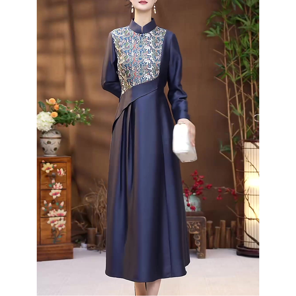 新中式复古国风连衣裙2025春秋新款民族风收腰显瘦减龄改良旗袍裙