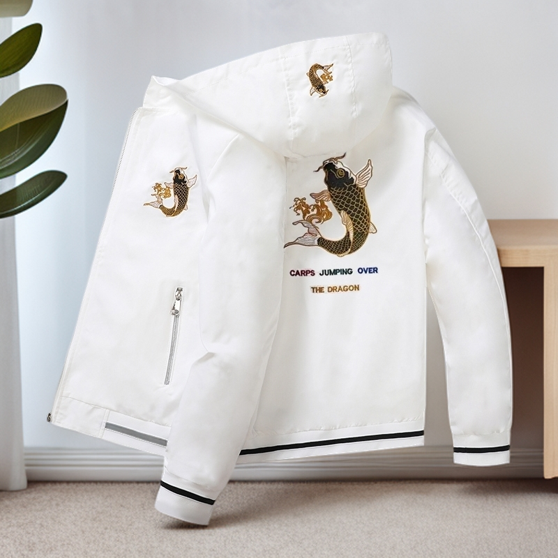 欧洲站外套男秋冬款金鱼连帽刺绣夹克男士潮流时尚休闲男士外套