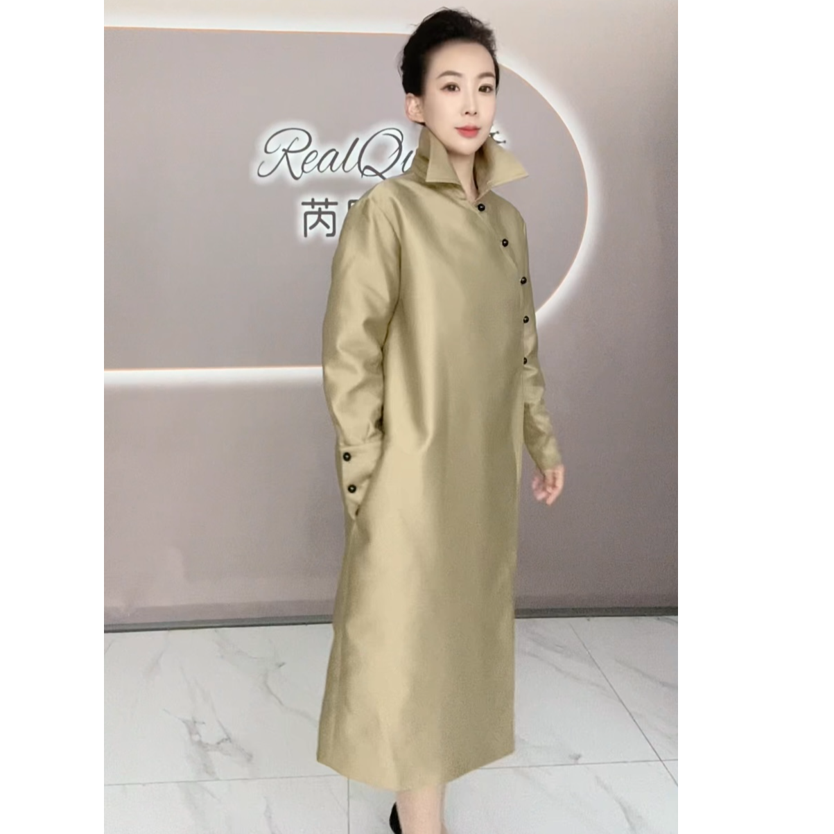 斜襟中式立领中国风显瘦大衣休闲气质长袖修身系带过膝风衣外套女