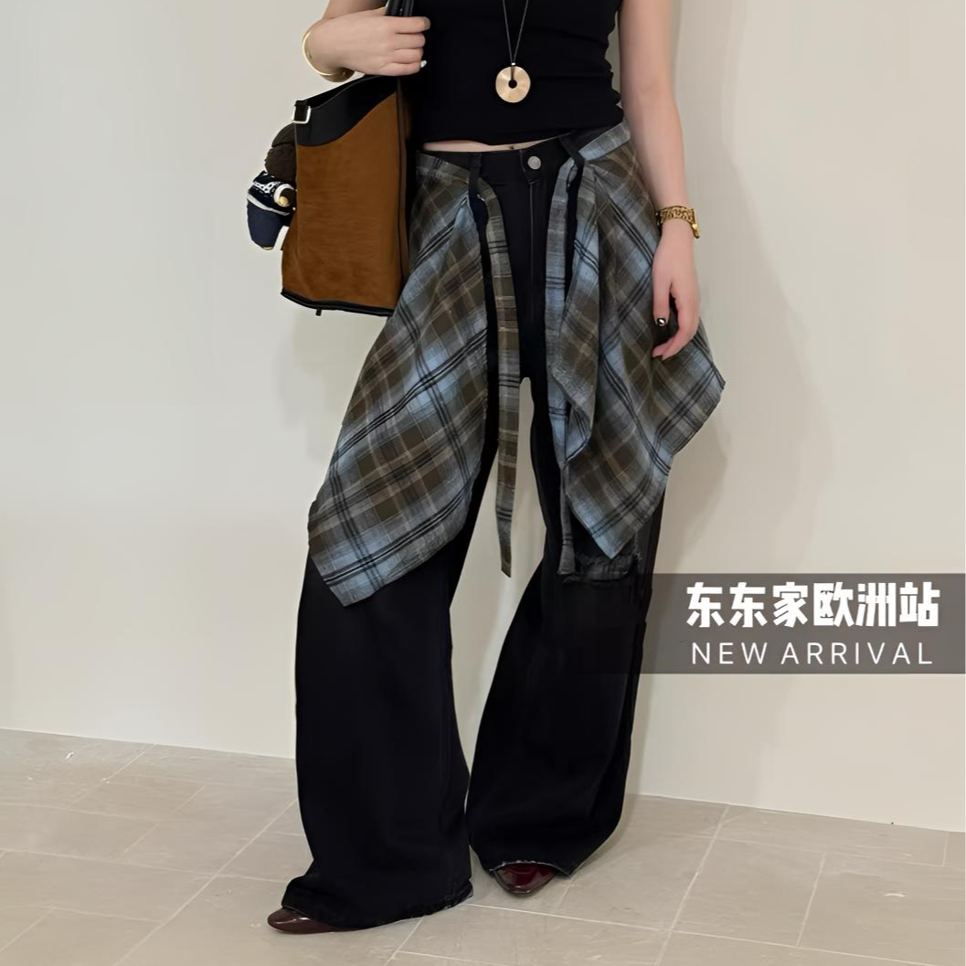 格子屁帘女搭配牛仔裤叠穿神器一片式系带神器半身裙下摆高腰显瘦