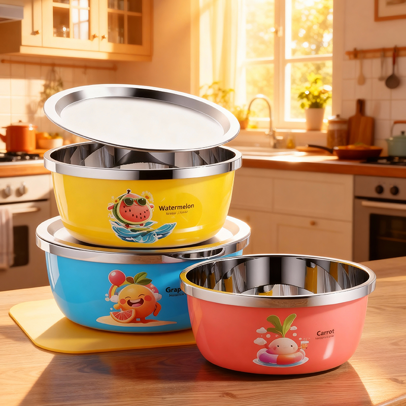 不锈钢盆家用加厚洗菜盆厨房打蛋和面盆汤盆彩色卡通洗菜盆油盆