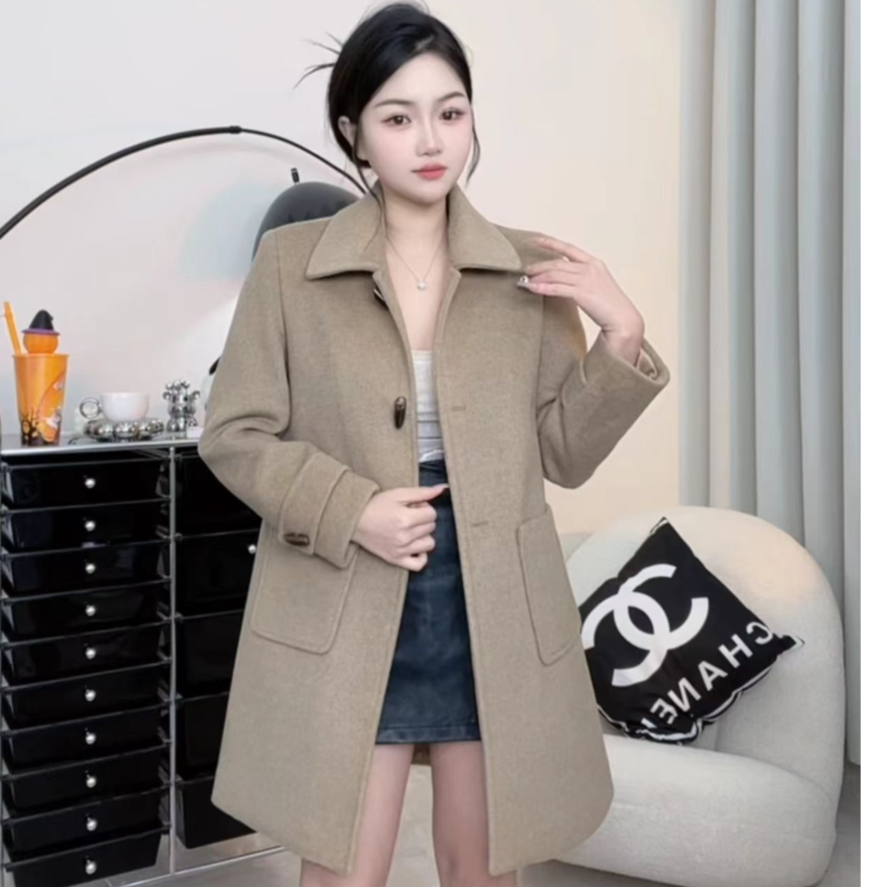 2025秋冬新款加棉加厚绵羊毛中长款毛呢外套女装气质款外套-5868