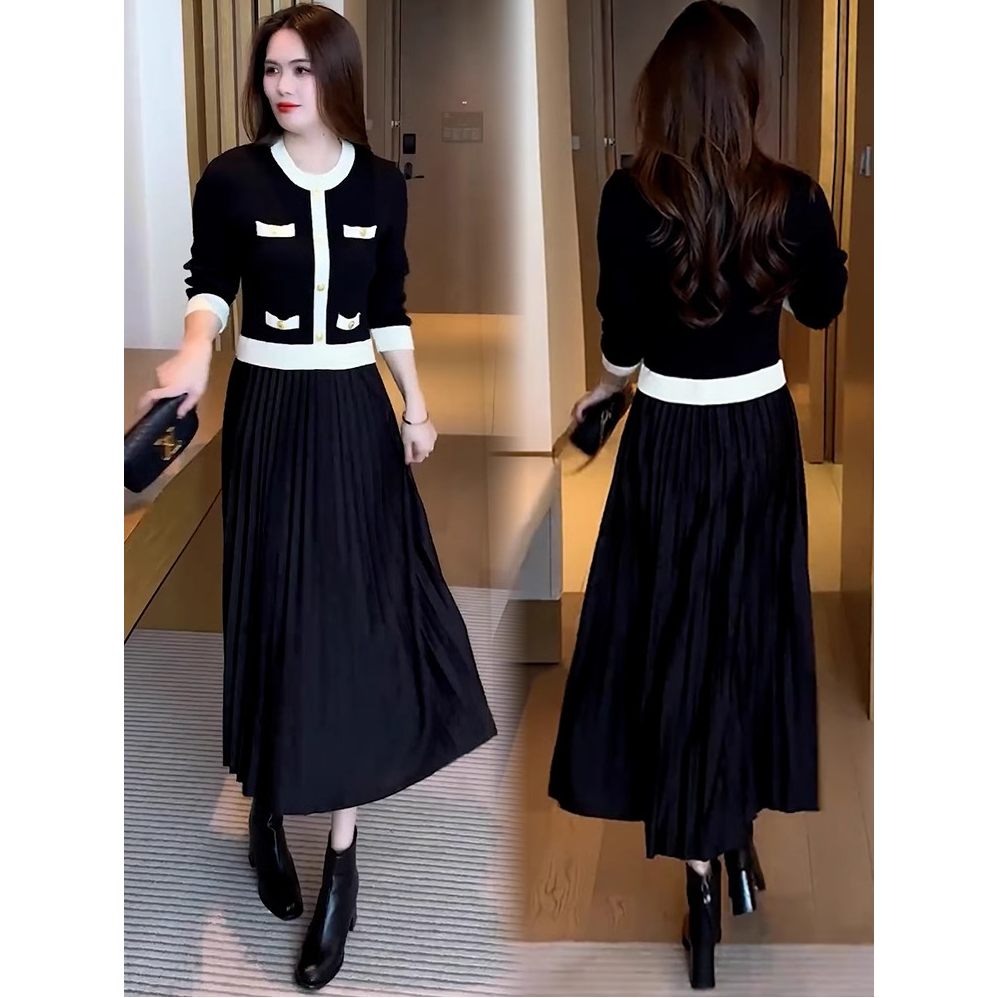 小香风时尚连衣裙女2024秋冬新款气质显瘦配大衣针织毛衣打底裙子