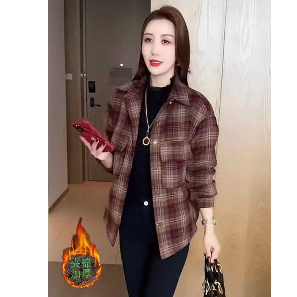加棉加厚格子衬衫女2024秋冬季新款时尚洋气百搭显瘦休闲衬衣外套