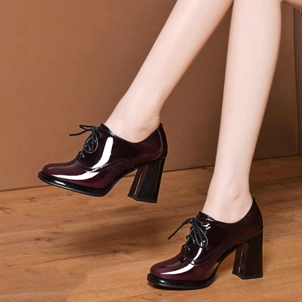 2025春秋新款深口真皮单鞋粗跟高跟鞋系带鞋子女款爆款2025新款