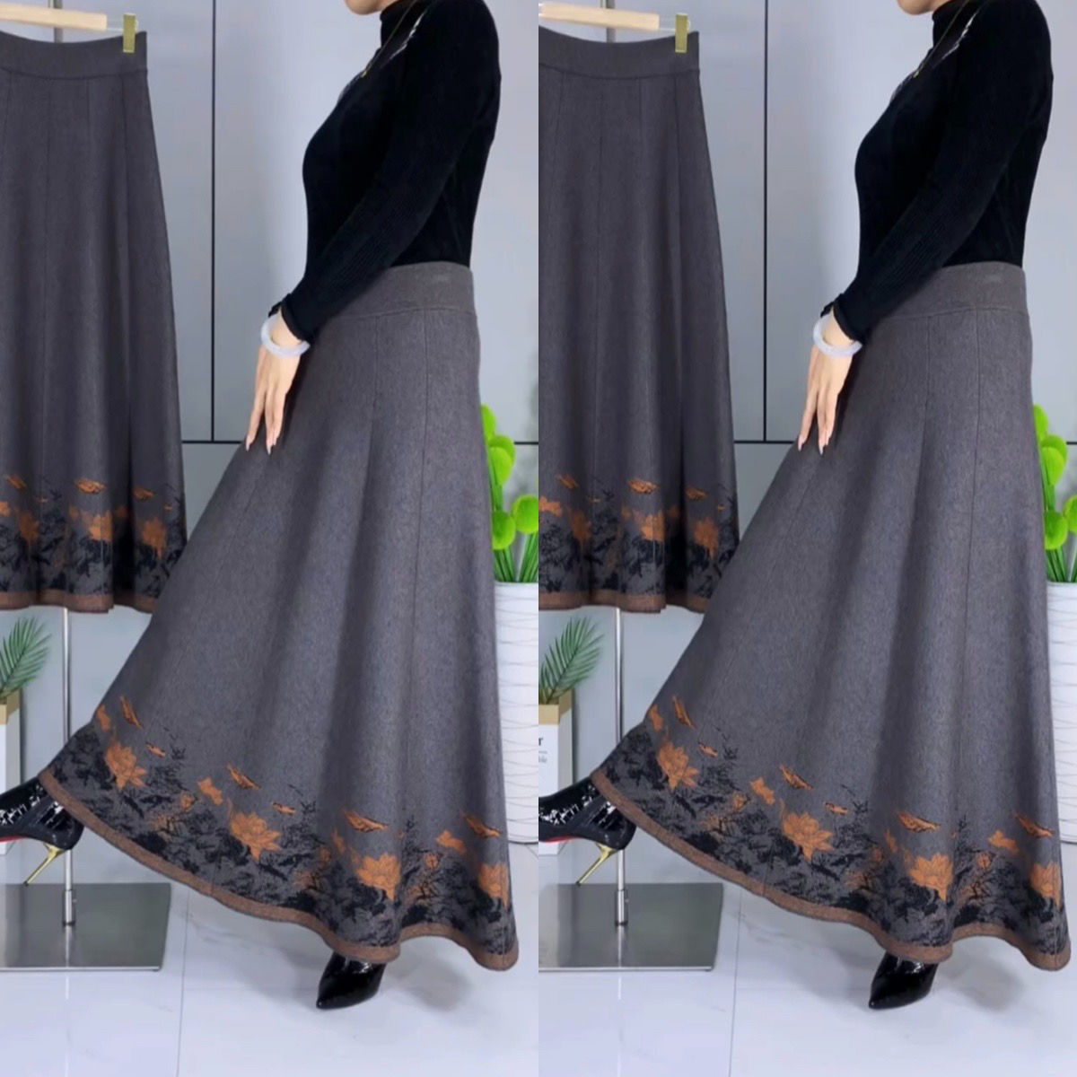 高腰垂感羊毛加厚针织秋冬款半身裙高档大摆裙妈妈裙显瘦洋气长裙