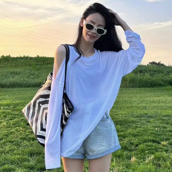 春秋女装夏装露肩罩衫白色t恤女2025薄款冰丝长袖高级感小众上衣