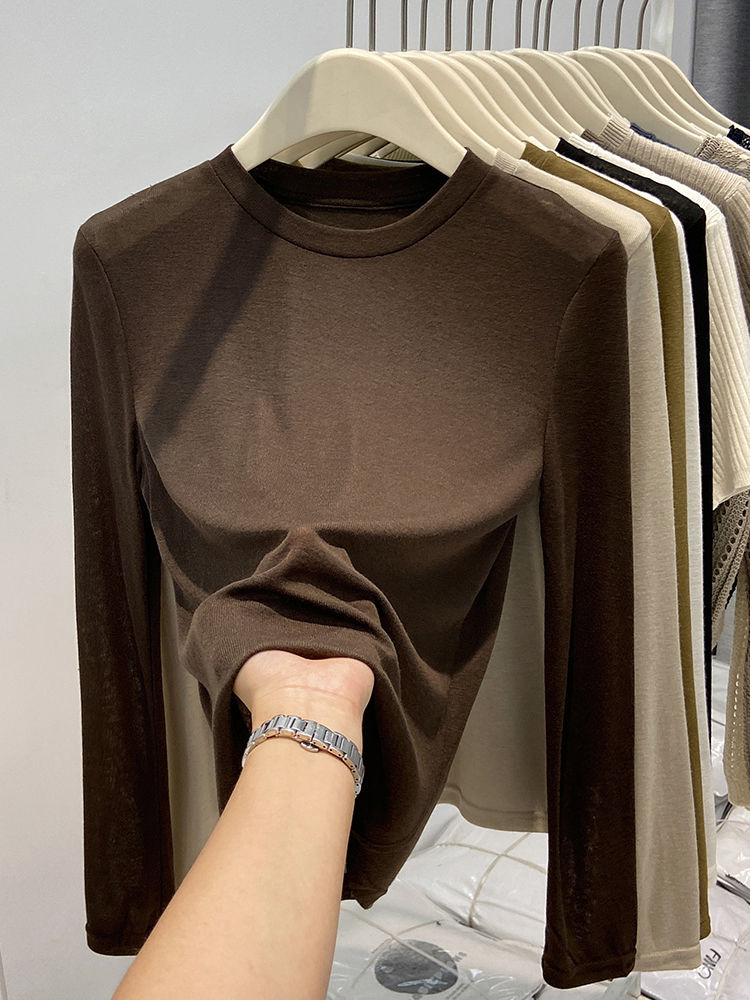 软糯面膜长袖T恤女圆领内搭显瘦打底衫2025秋季薄款洋气修身上衣