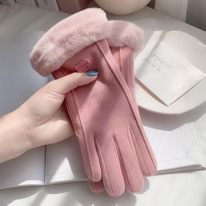 女款秋冬季户外保暖防寒加绒毛圈骑行手套手指可触屏耐磨