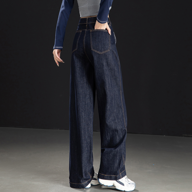 丹宁蓝牛仔裤女2025年秋冬薄绒香蕉裤宽松显瘦阔腿裤女高腰直筒裤