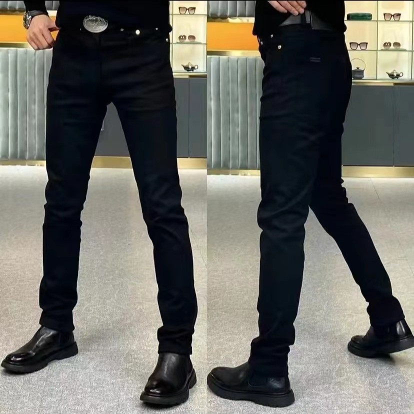 时尚新款 纳帕皮牌 24K镀金纽扣 YKK拉链纯黑色时尚潮流牛仔裤