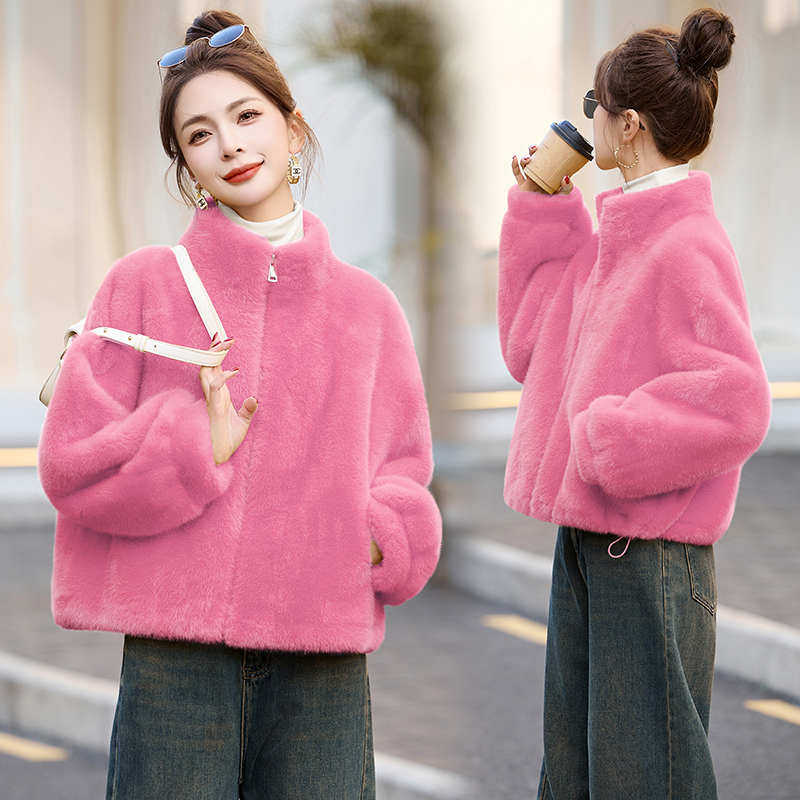 小个子韩版时尚气质立领宽松高级感短款皮毛一体毛毛外套冬季爆款