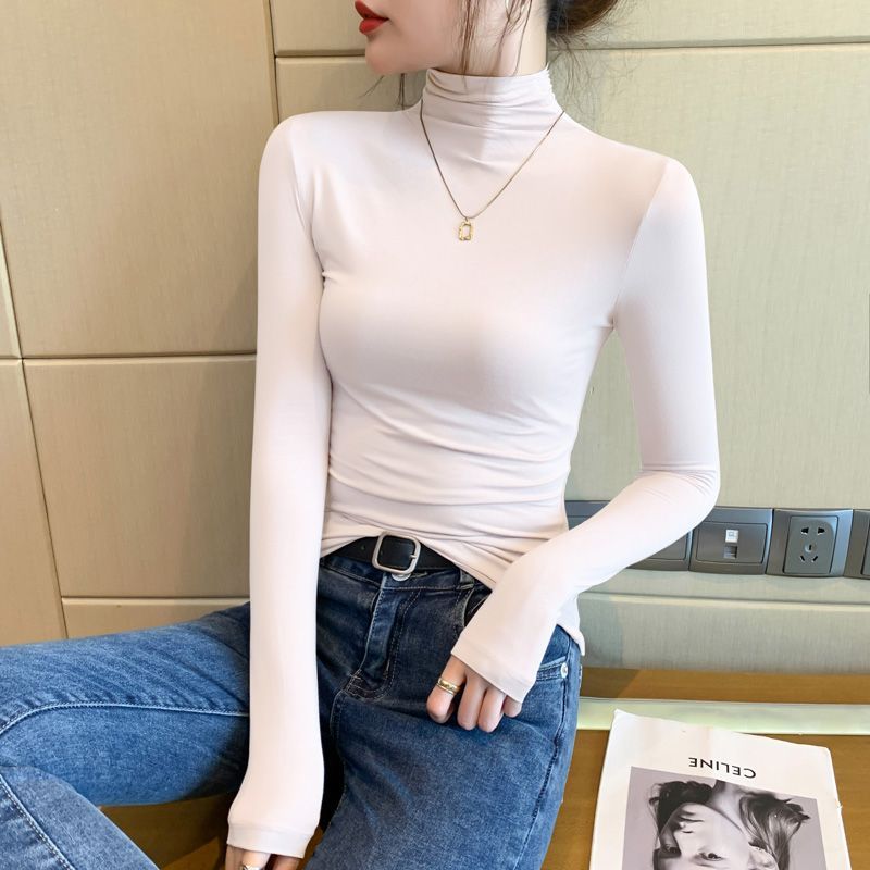 2025春秋新款高领打底衫女纯棉白色修身外搭洋气加绒加厚打底衫女