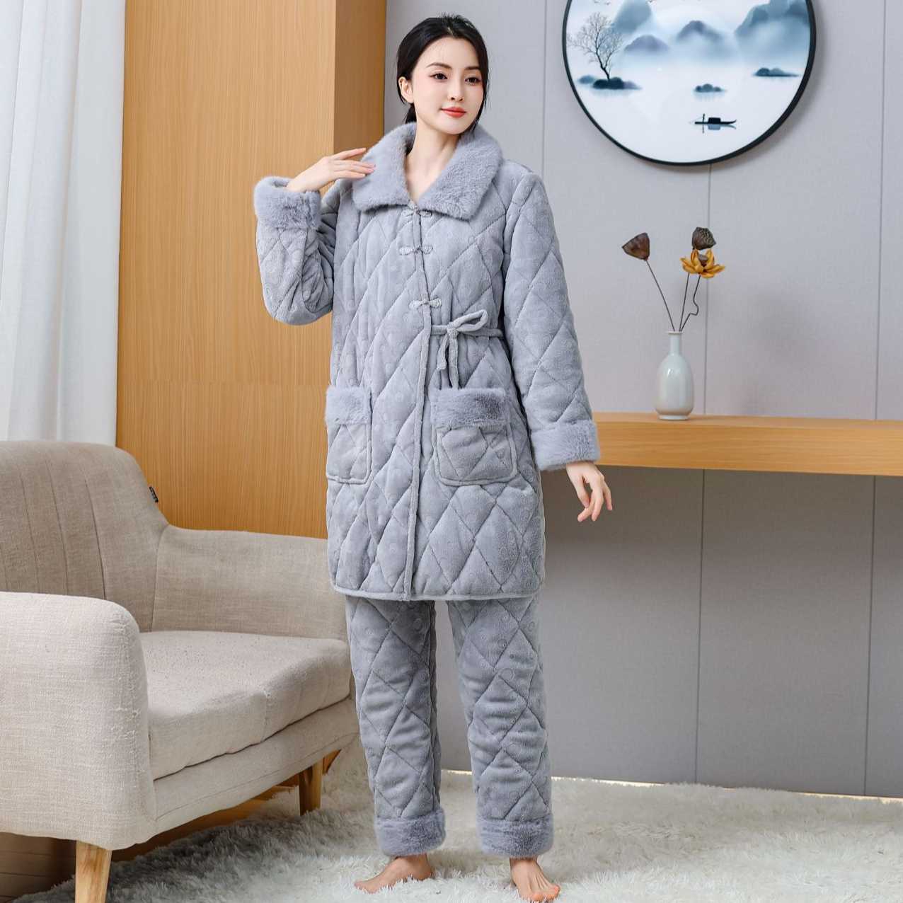 冬季女士夹棉中长款睡衣三层加厚珊瑚绒长袍睡袍加大码家居服套装