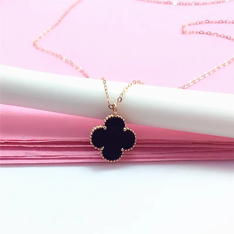 黑玛瑙四叶草套链项链时尚气质百搭14K玫瑰金项链