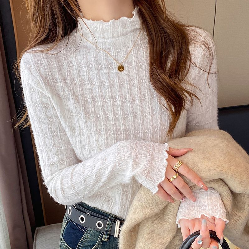 半高领蕾丝打底衫女秋冬新款法式长袖高级感内搭上衣洋气小衫