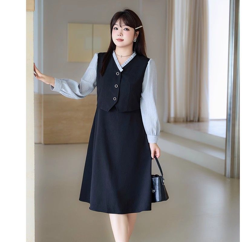 胖MM秋新款V领长袖衬衫拼接假两件A字裙大码大码连衣裙夏季胖mm