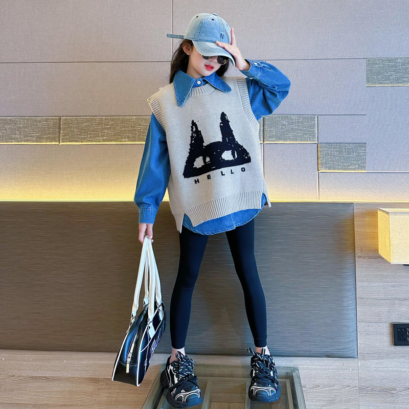 女童网红套装2025新款春秋洋气大童牛仔衬衫秋装儿童休闲针织马甲