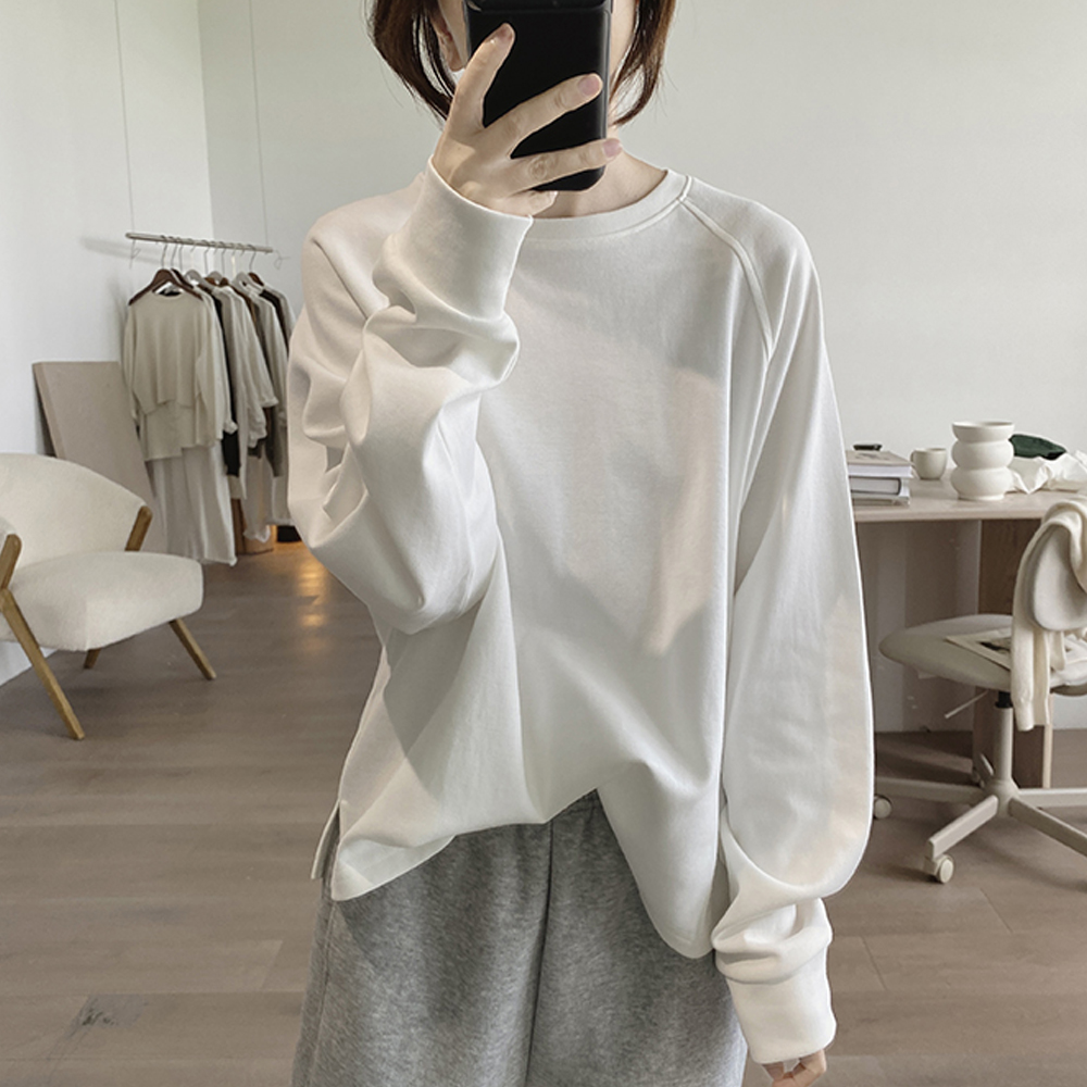 棉质卫衣女春秋新款宽松显瘦简约韩版圆领长袖减龄插肩袖T恤上衣