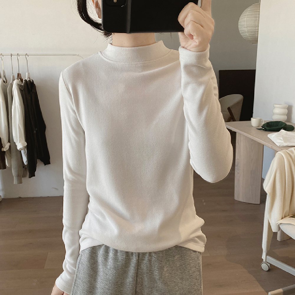 春秋季新款时尚拼接打底减龄纯色半高领长袖德绒修身简约显瘦T恤