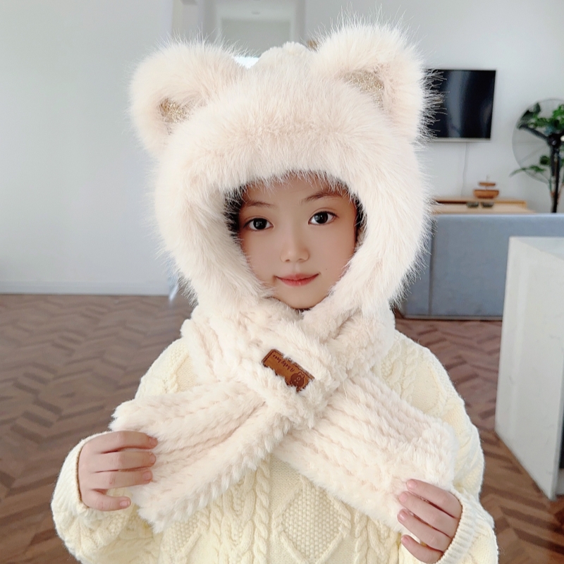 女童帽子冬加厚毛绒小熊帽可爱宝宝防风保暖男童秋冬毛绒帽子宝宝