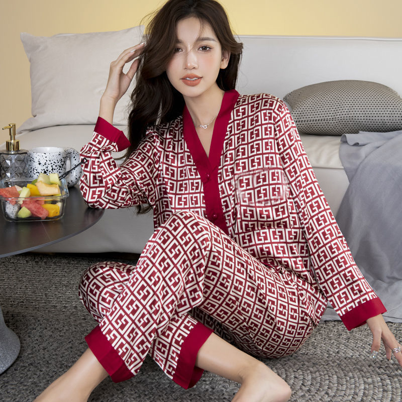 冰丝睡衣套装女秋季新款春秋长袖长裤可外穿网红轻奢高级感家居服