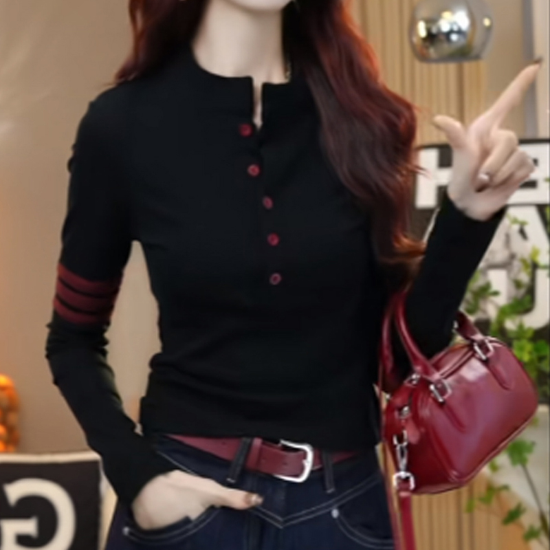 加绒撞色半高领纽扣套头长袖打底衫秋冬季洋气新款显瘦黑色上衣潮