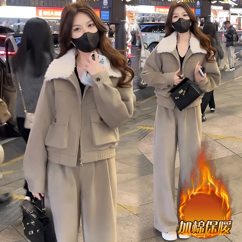 加棉保暖休闲套装女秋冬宽松慵懒风欧货毛毛拼接外套阔腿裤两件套