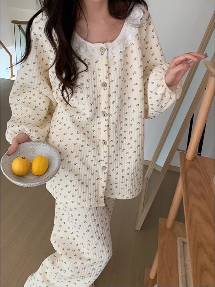 甜美可爱碎花公主风睡衣女秋冬新款加厚空气棉保暖长袖长裤家居服