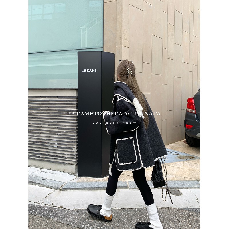 LUU桃喜儿/纯羊毛双面呢短款外套女秋冬上衣毛呢韩系宽松大衣围巾